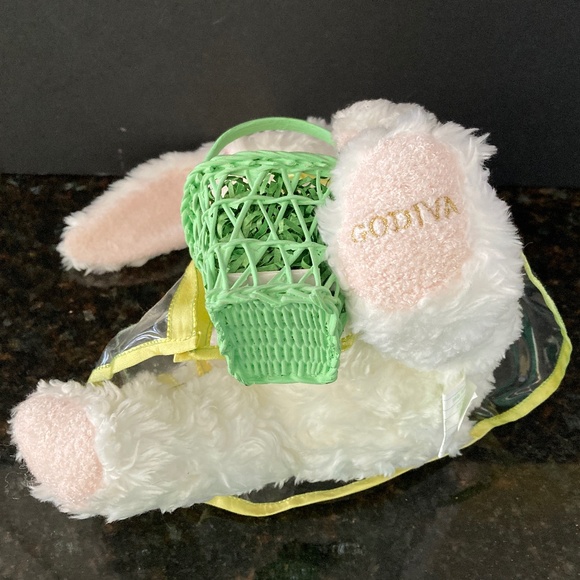 GODIVA White Lop-Eared Easter Bunny Rabbit in Clear Raincoat & Green Basket/NWT! - Picture 5 of 6